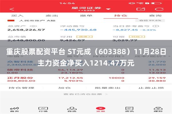重庆股票配资平台 ST元成（603388）11月28日主力资金净买入1214.47万元